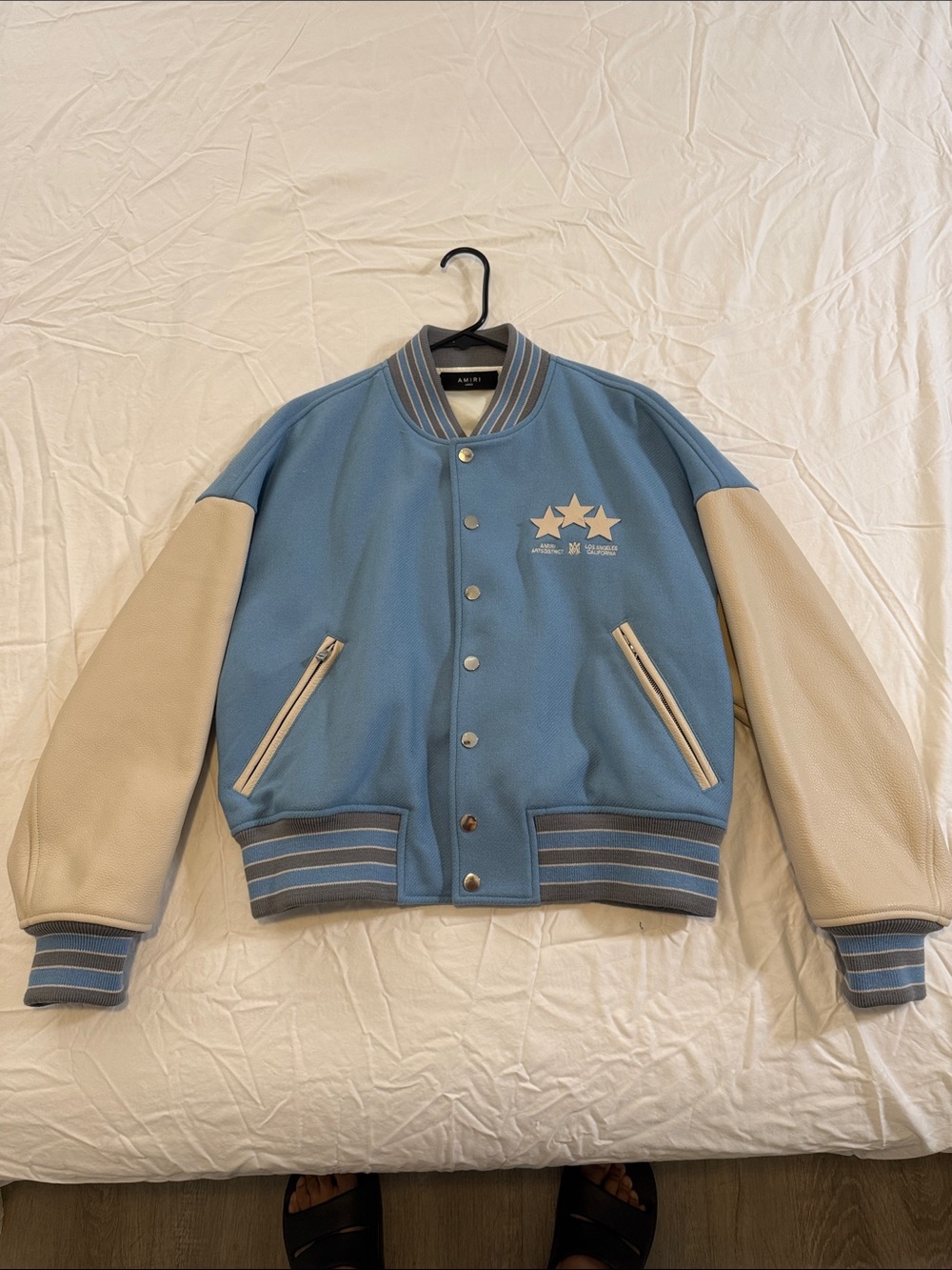 AMIRI Light Blue and Cream Varsity Bomber Jacket